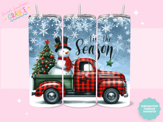 20oz SUBLIMATION TRANSFER - TIS THE SEASON RED TRUCK SNOWMAN