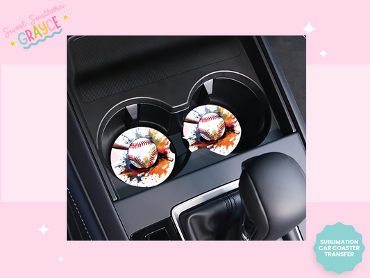 CAR COASTER SUBLIMATION TRANSFER - WATERCOLOR BASEBALL AND BAT