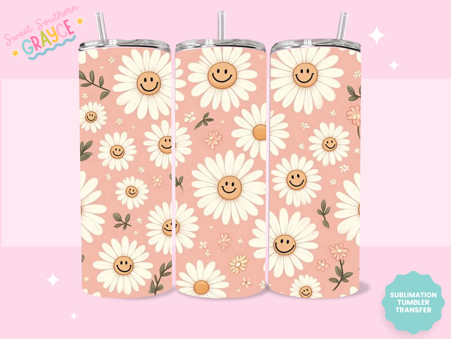 20oz SUBLIMATION TRANSFER- PINK SMILEY DAISIES