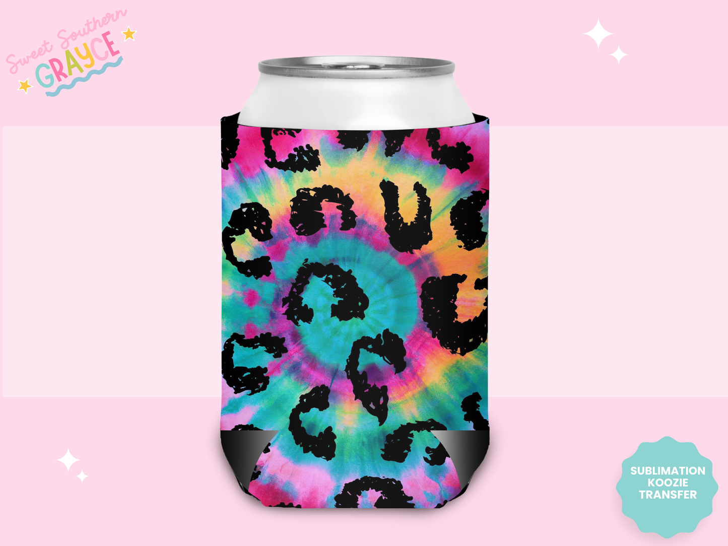 CAN KOOZIE SUB TRANSFER - TIE DYE CHEETAH