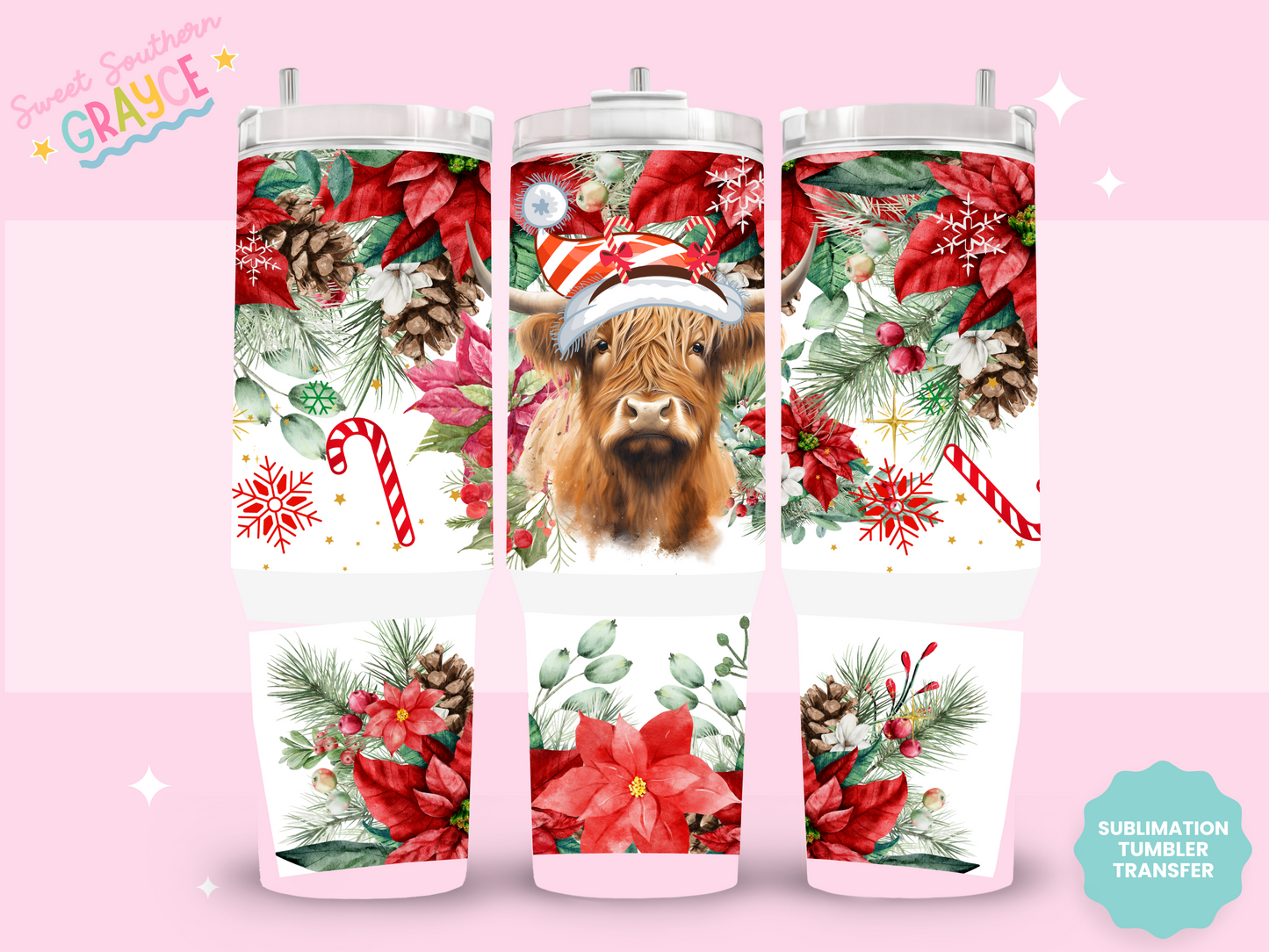 40oz SUBLIMATION TRANSFER- RED CHRISTMAS HEIFER