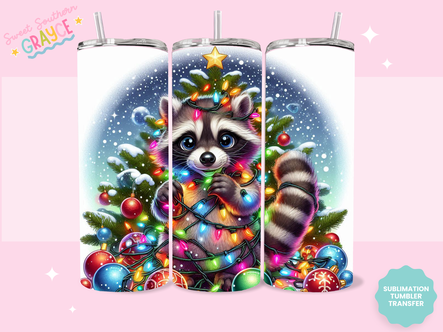 20oz SUBLIMATION TRANSFER - RACCON CHRISTMAS LIGHTS