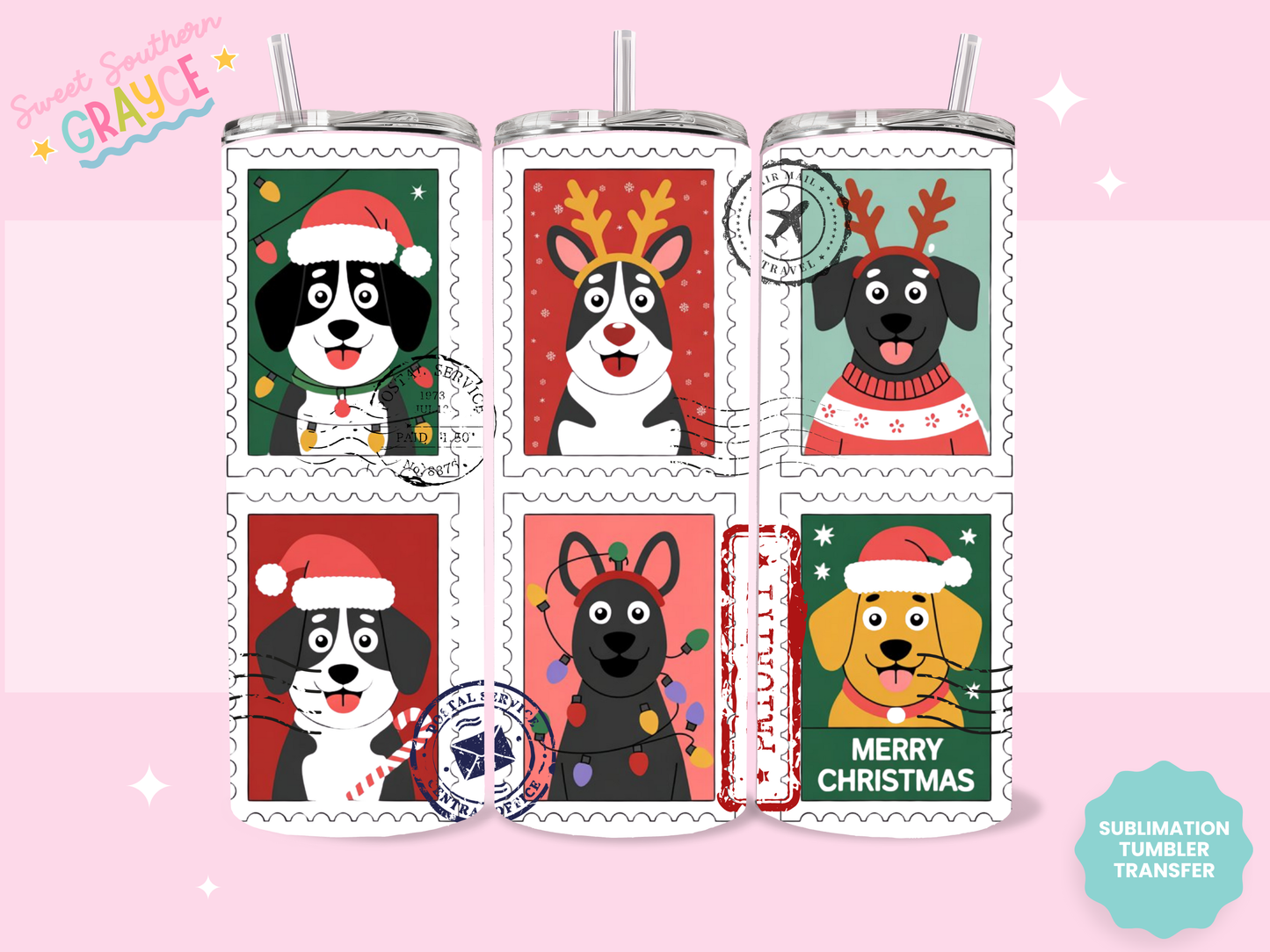 20oz SUBLIMATION TRANSFER - CHRISTMAS DOGGIE STAMPS