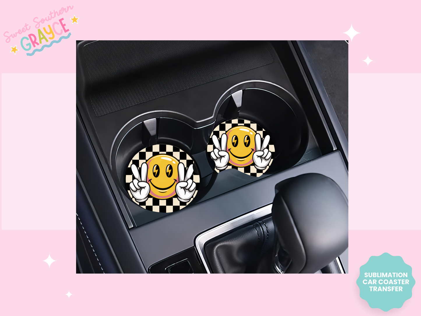 CAR COASTER SUBLIMATION TRANSFER - PEACE CHECKERED SMILEY