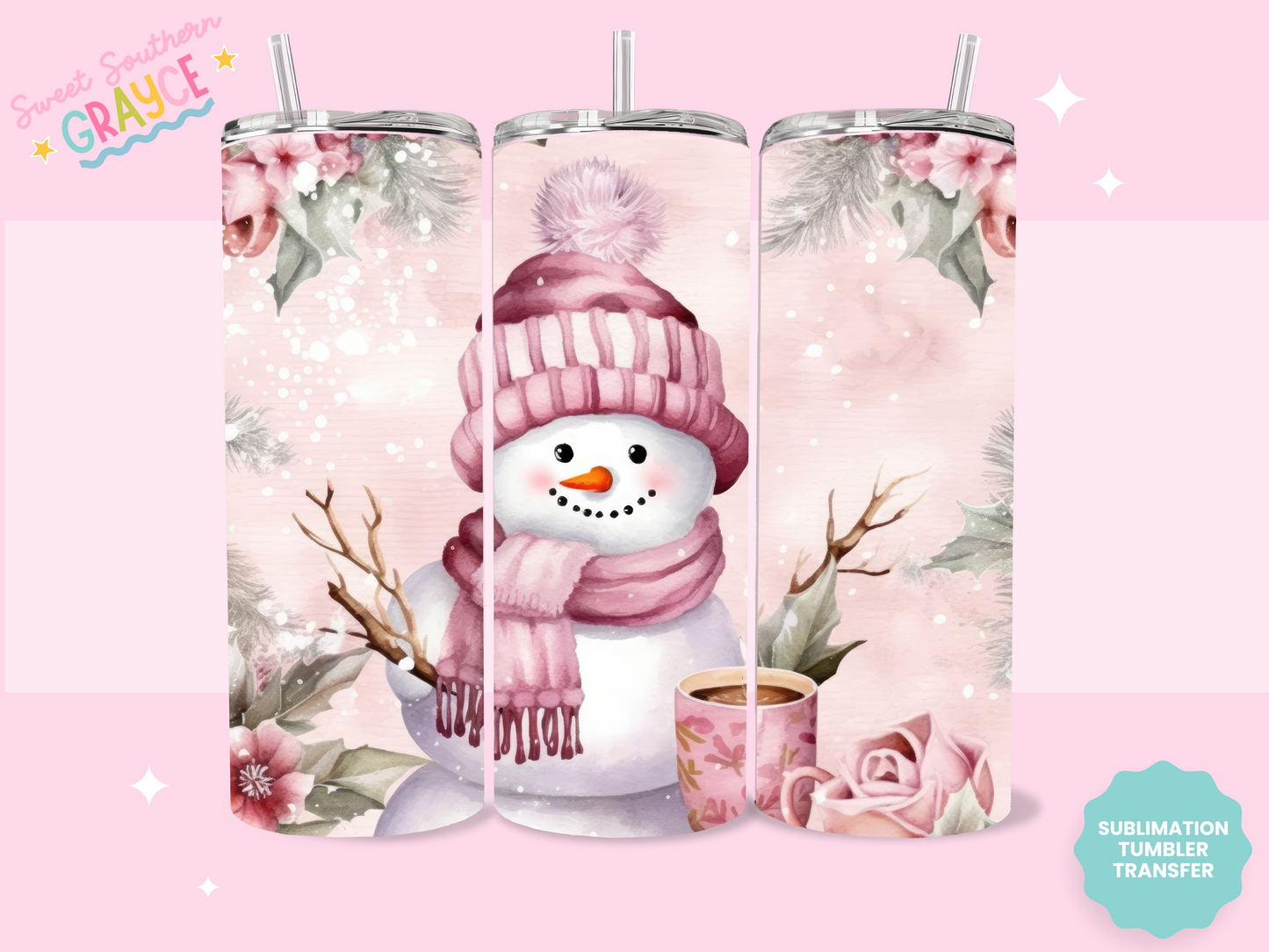 20oz SUBLIMATION TRANSFER - PINK SNOWMAN