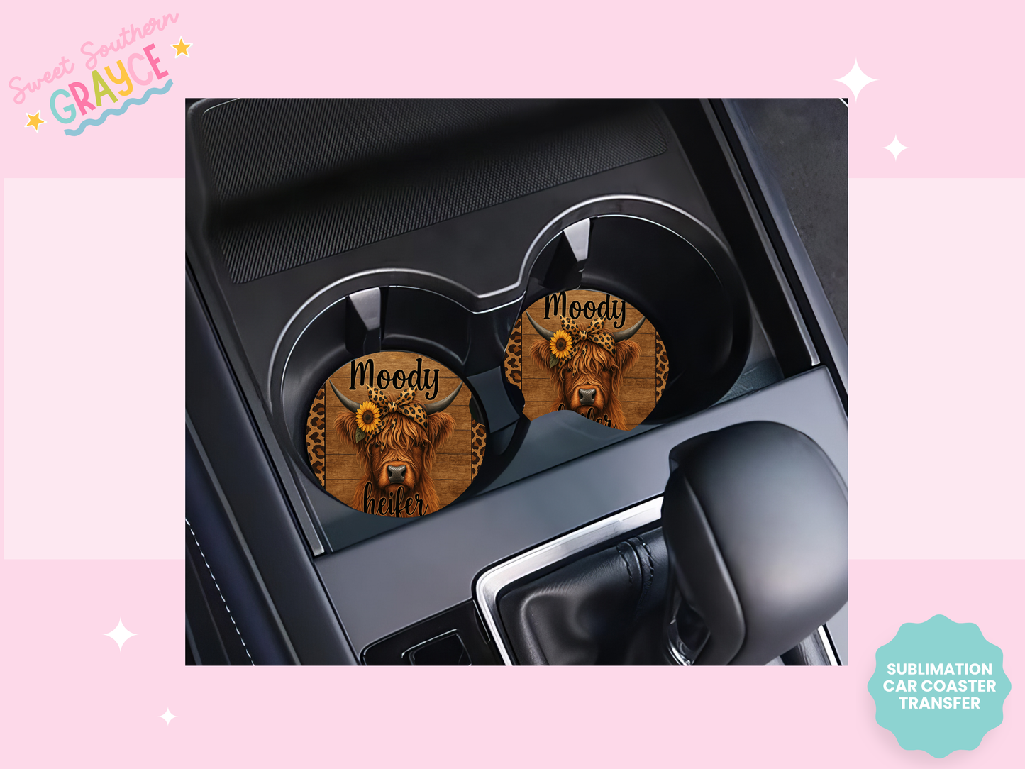 CAR COASTER SUBLIMATION TRANSFER - MOODY HEIFER CHEETAH