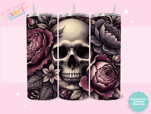 20oz SUBLIMATION TRANSFER - DARK SKULL WITH FLOWERS