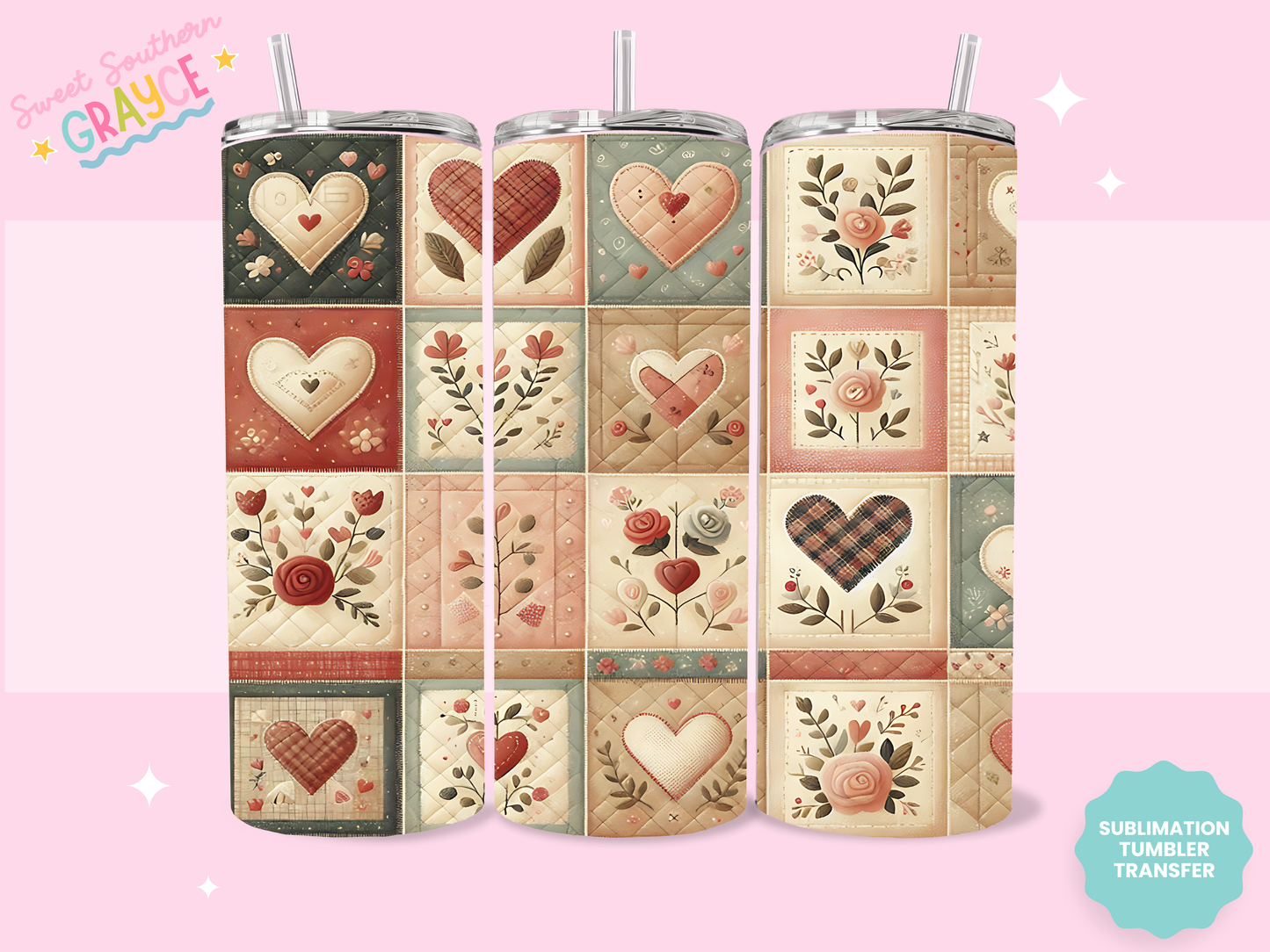 20oz SUBLIMATION TRANSFER- QUILT HEARTS