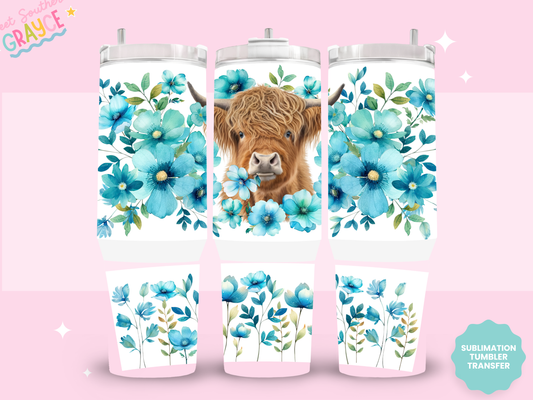 40oz SUBLIMATION TRANSFER- HEIFER BLUE FLOWERS
