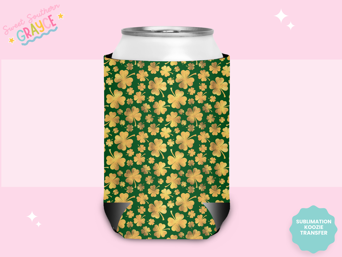 CAN KOOZIE SUB TRANSFER - GOLD SHAMROCKS