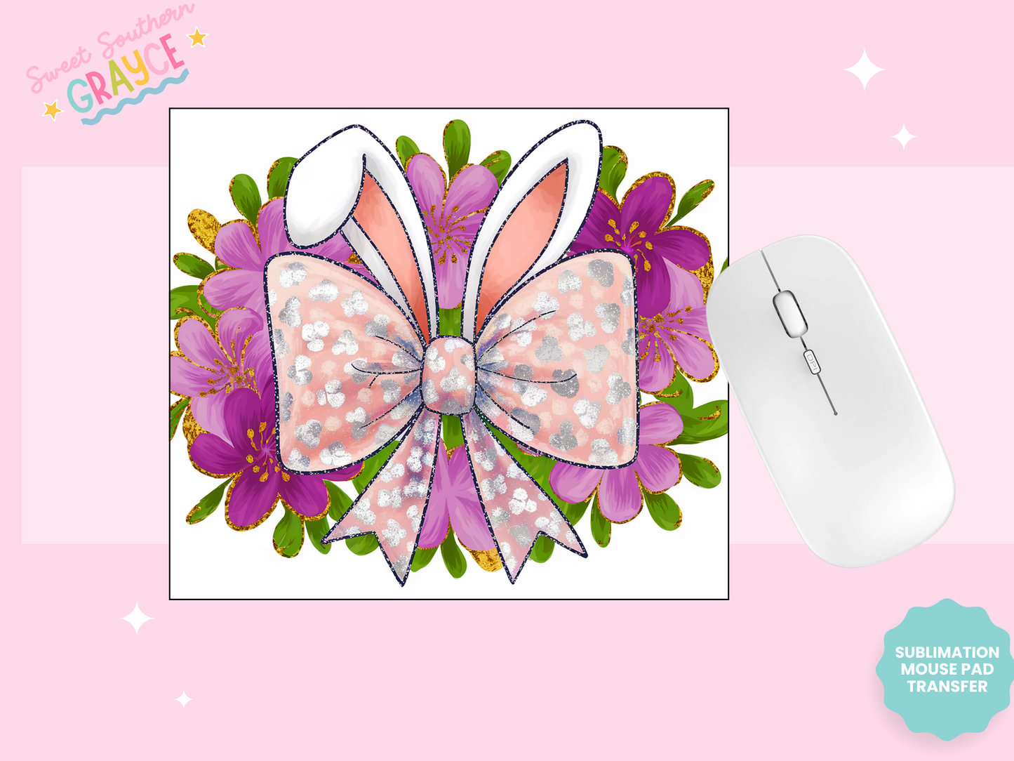 MOUSE PAD SUBLIMATION TRANSFER - PINK EASTER BUNNY BOW