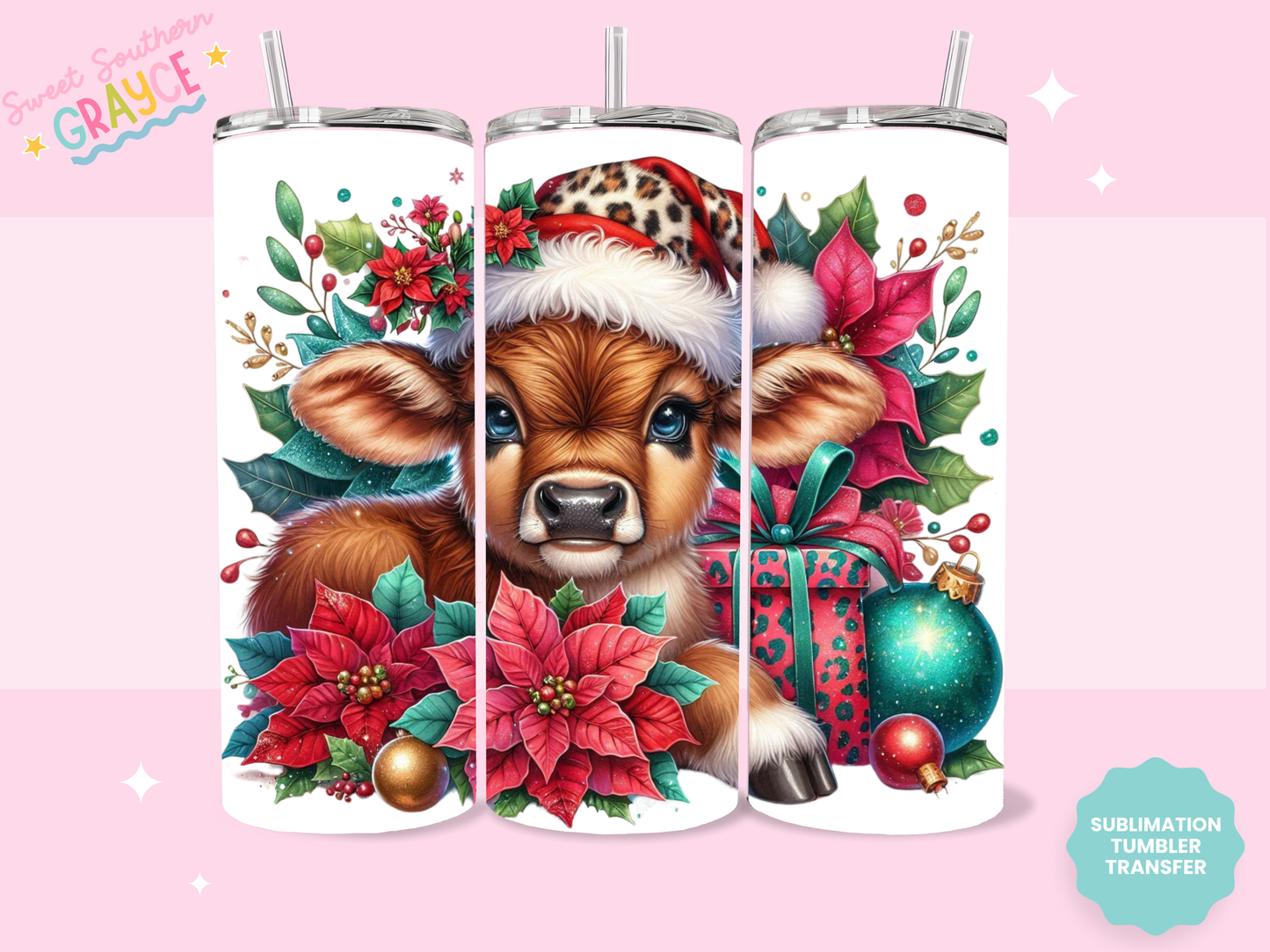 20oz SUBLIMATION TRANSFER - CHRISTMAS FLOWER HEIFER