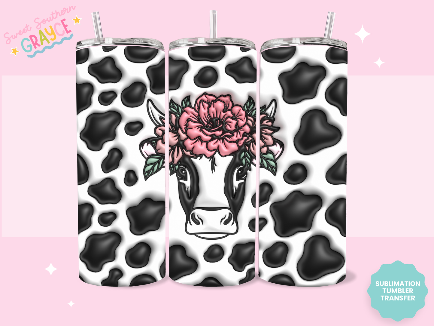 20oz SUBLIMATION TRANSFER - PUFFY FLORAL HEIFER