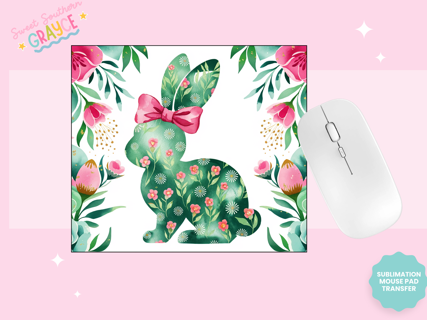 MOUSE PAD SUBLIMATION TRANSFER - FLORAL BUNNY