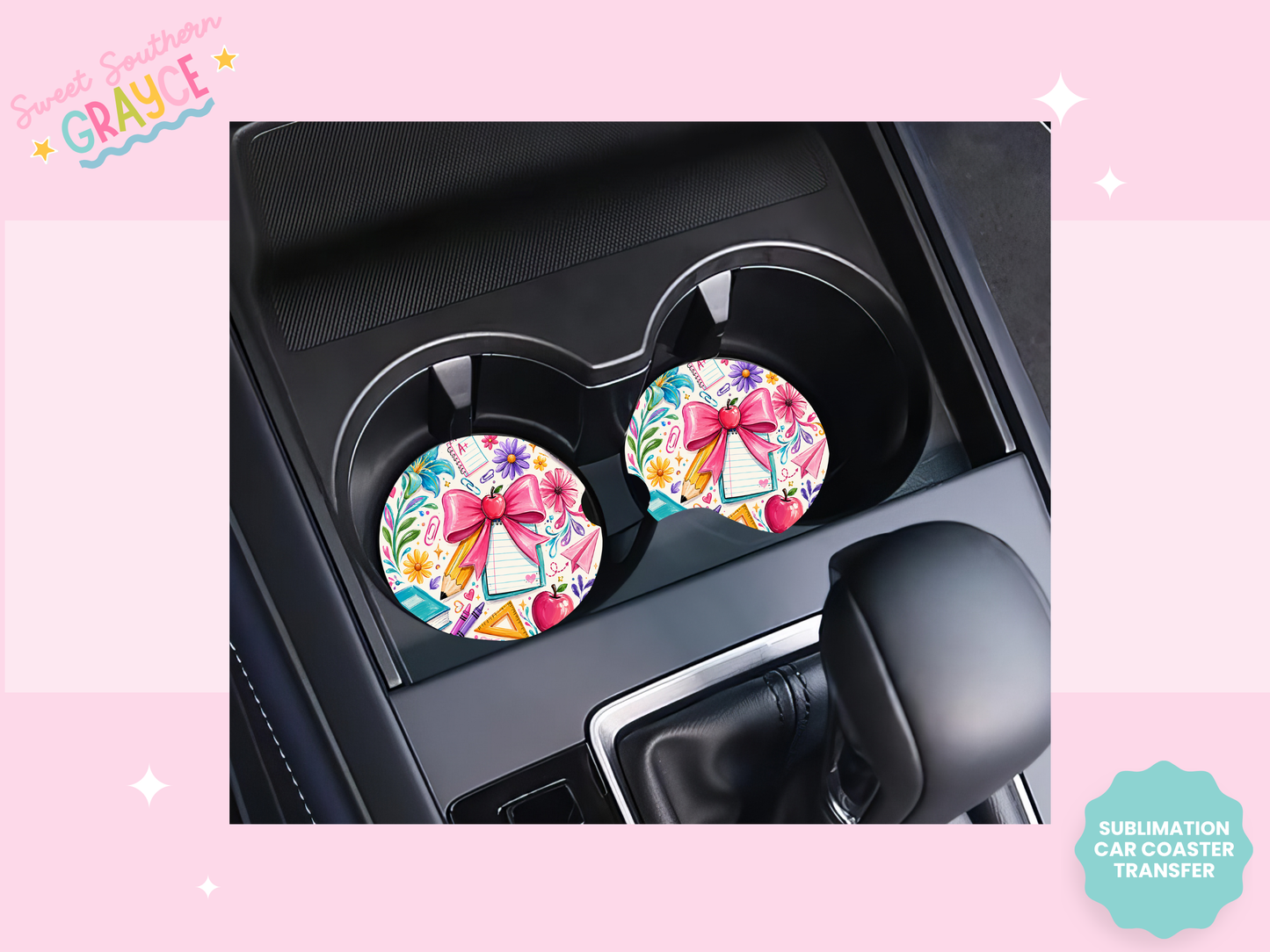 CAR COASTER SUBLIMATION TRANSFER - TEACHER PINK BOW