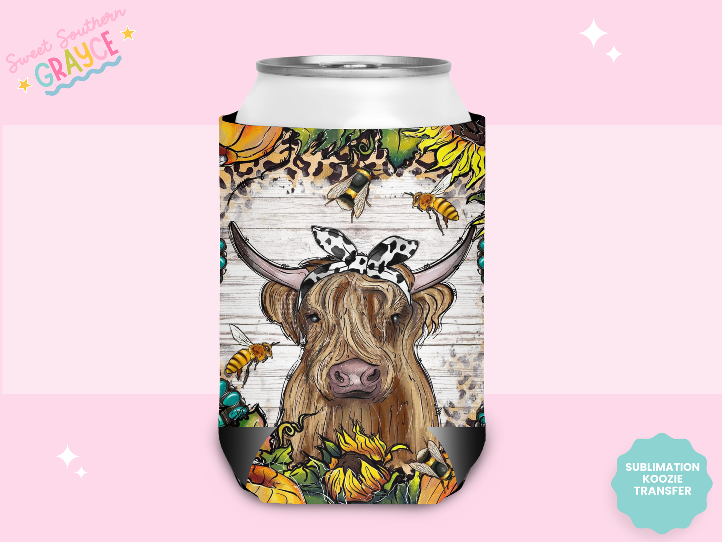 CAN KOOZIE SUB TRANSFER - BOHO SUNFLOWER HEIFER