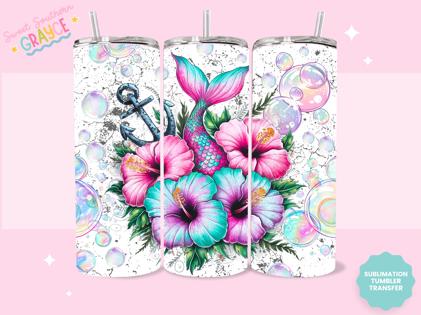 20oz SUBLIMATION TRANSFER- COLORFUL FLOWER MERMAID TAIL