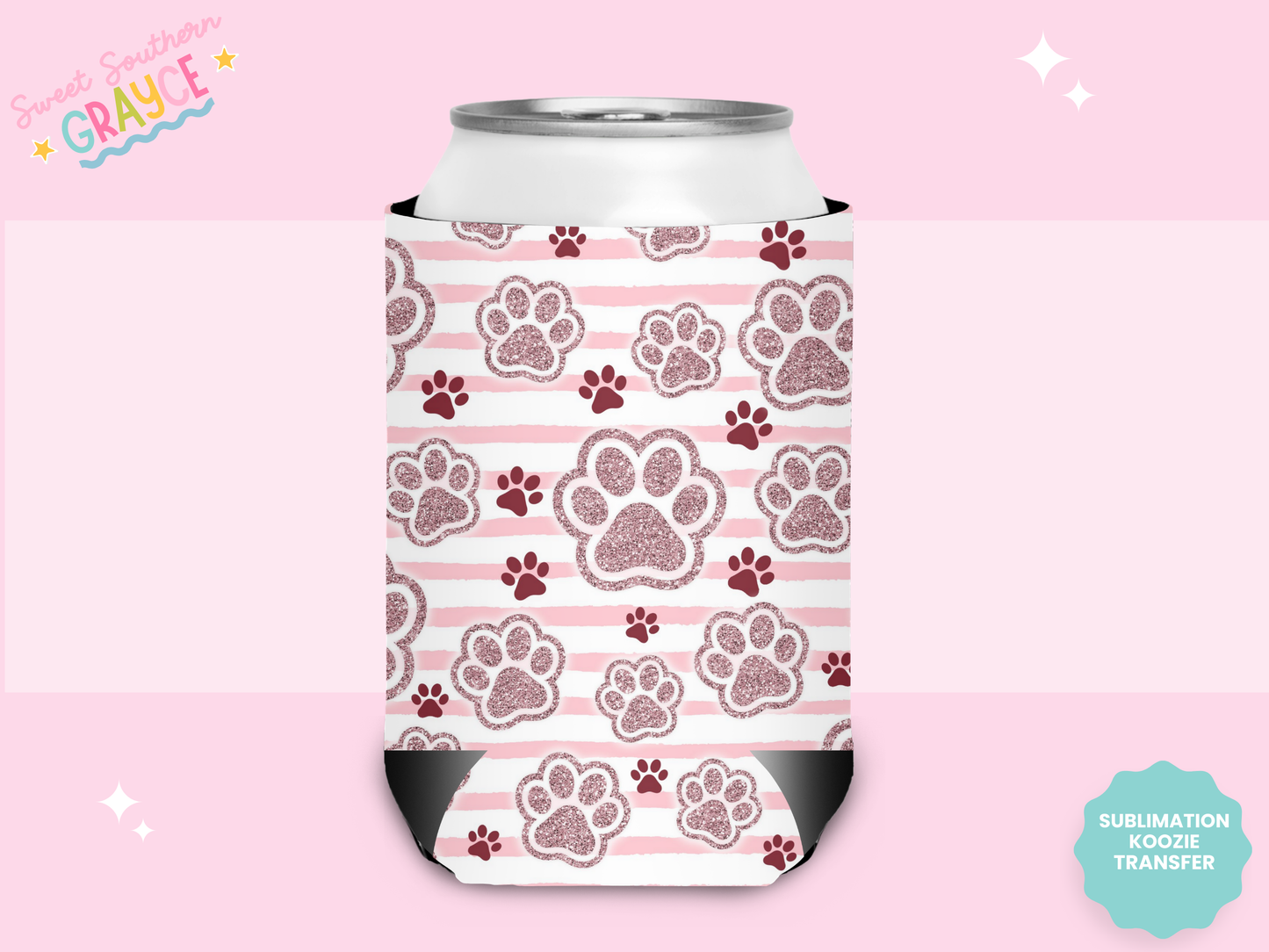 CAN KOOZIE SUB TRANSFER - PINK STRIPED PAWS