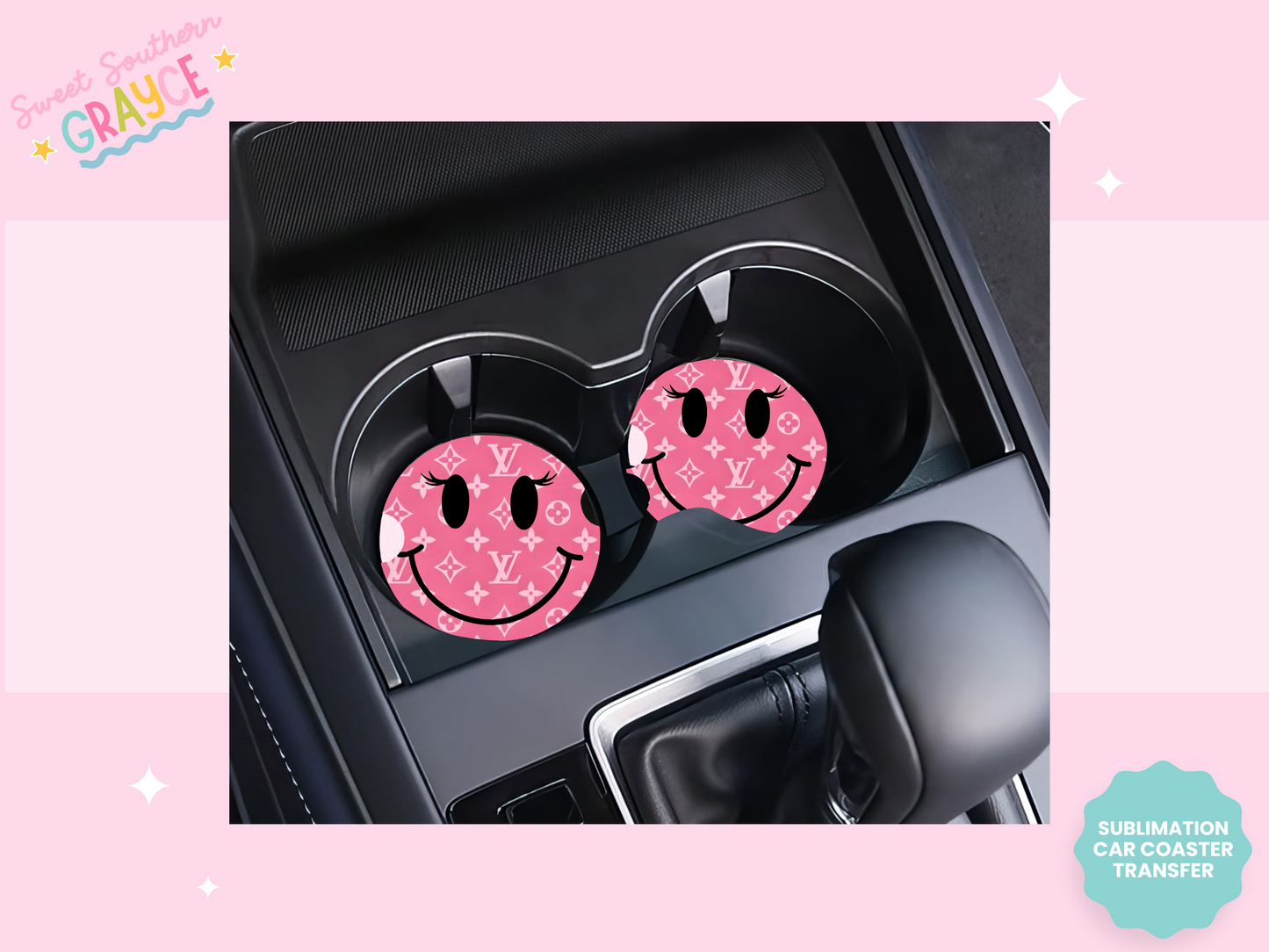 CAR COASTER SUBLIMATION TRANSFER - PINK DESIGN SMILEY