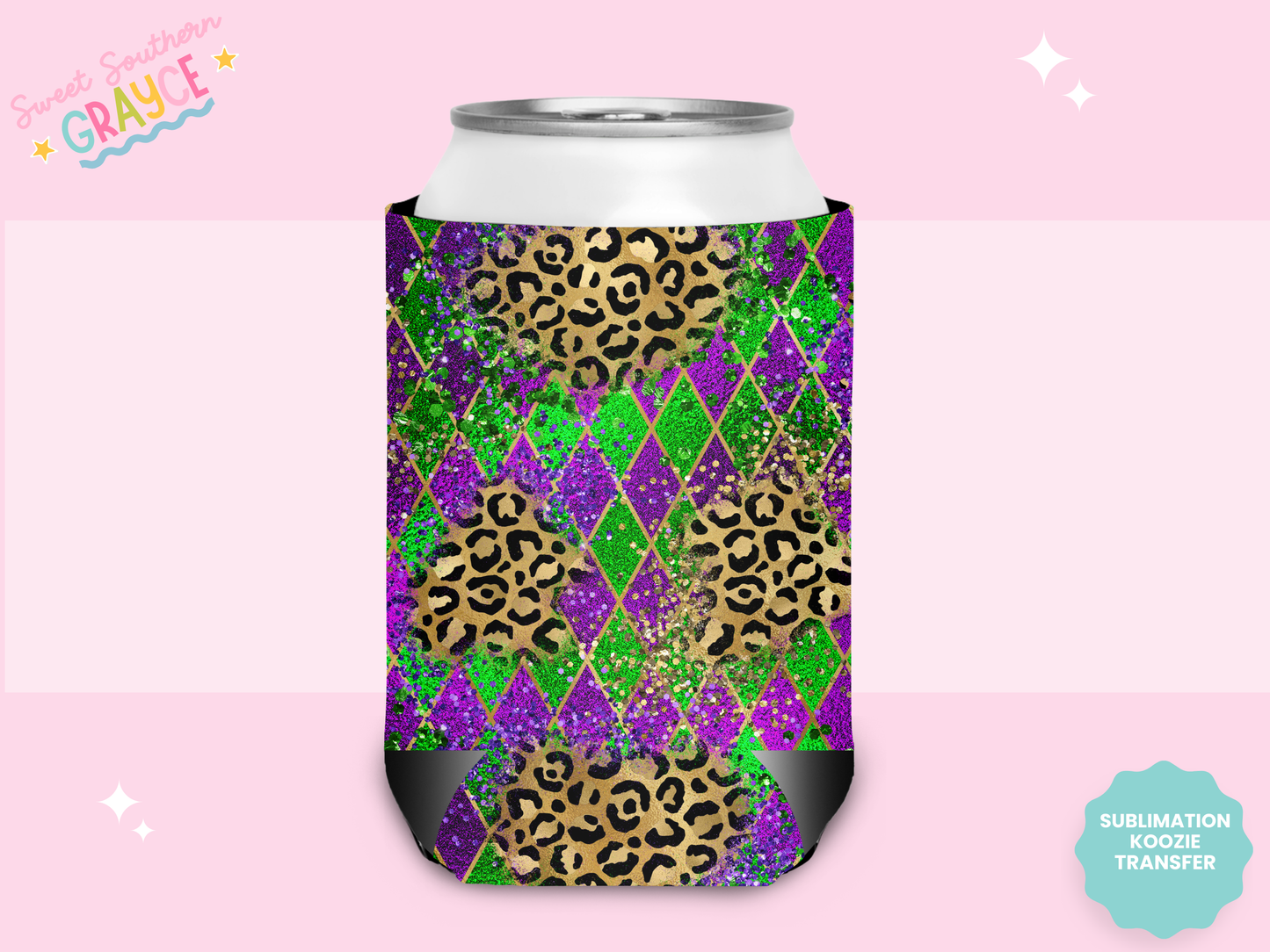 CAN KOOZIE SUB TRANSFER - MARDI GRAS CHEETAH