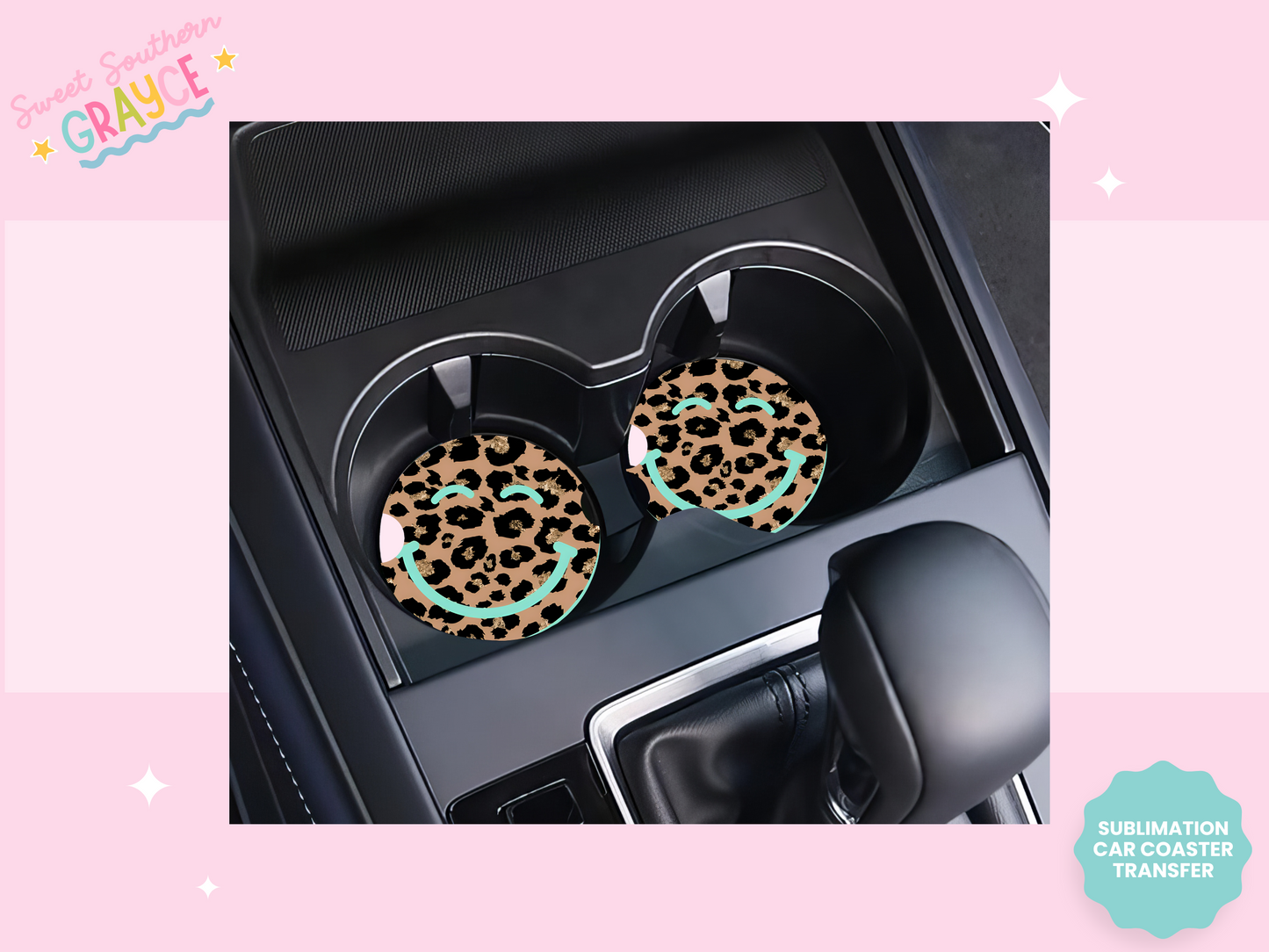 CAR COASTER SUBLIMATION TRANSFER - CHEETAH MINT SMILEY
