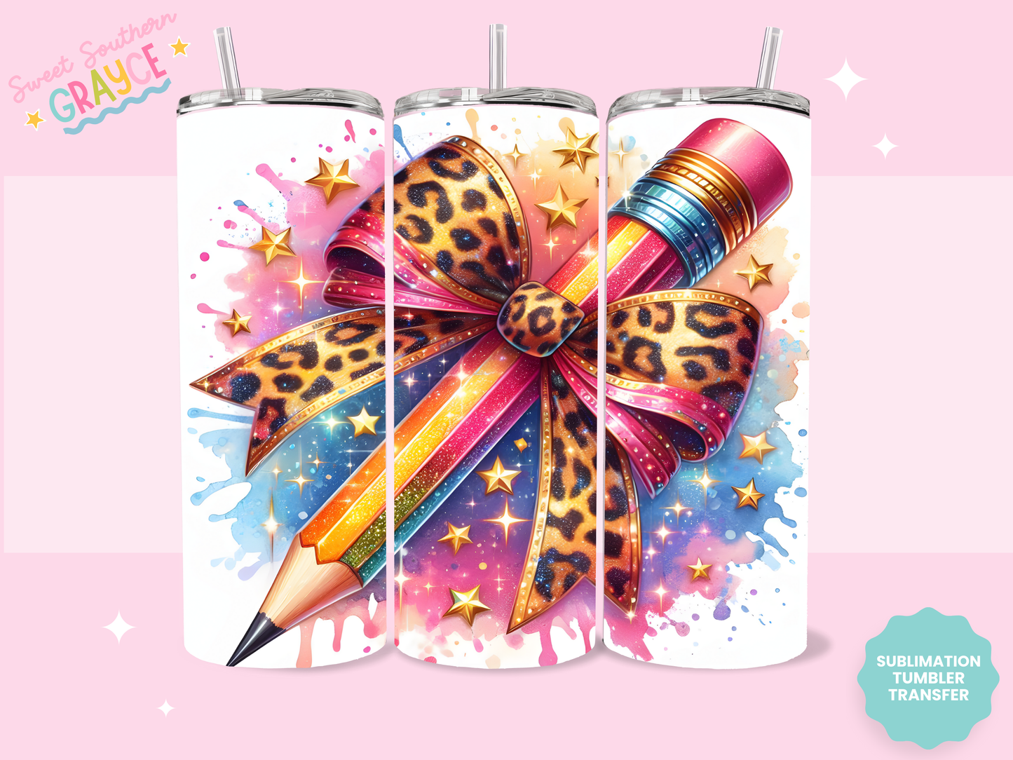 20oz SUBLIMATION TRANSFER - TEACHER PENCIL BOW