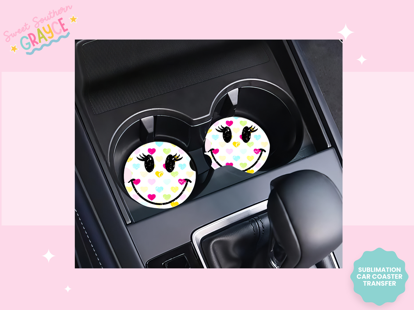 CAR COASTER SUBLIMATION TRANSFER - HEART SMILEY