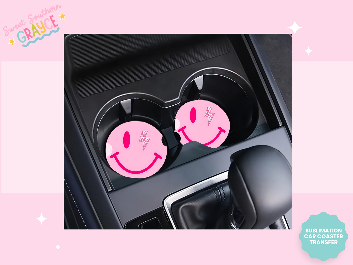 CAR COASTER SUBLIMATION TRANSFER - PINK SMILEY LIGHTING BOLT