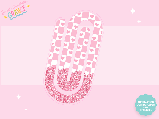 JUMBO PAPER CLIP SUB TRANSFER - PINK GLITTER CHECKERED HEARTS