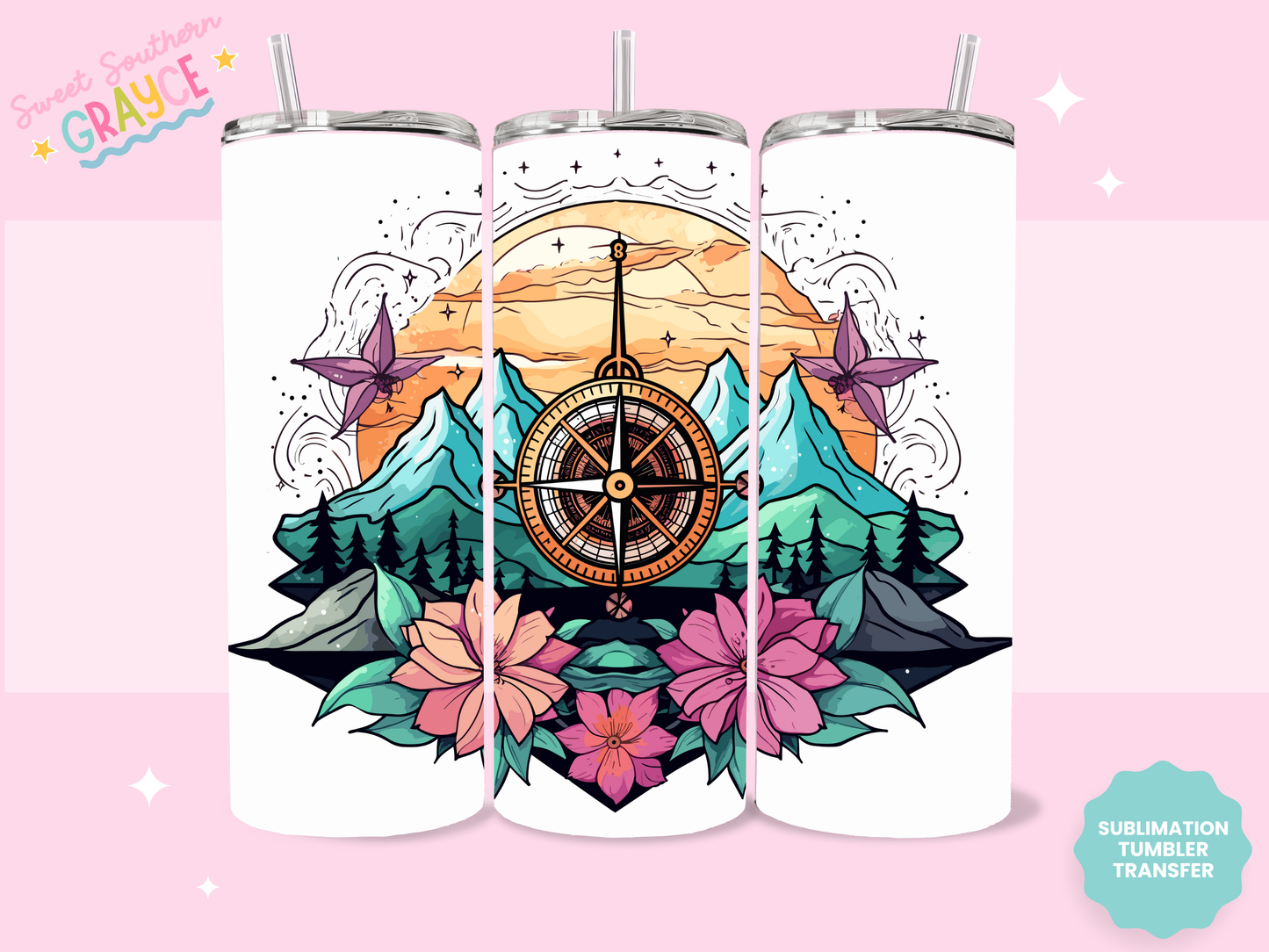 20oz SUBLIMATION TRANSFER- FLOWER MOUNTAINS COMPASS