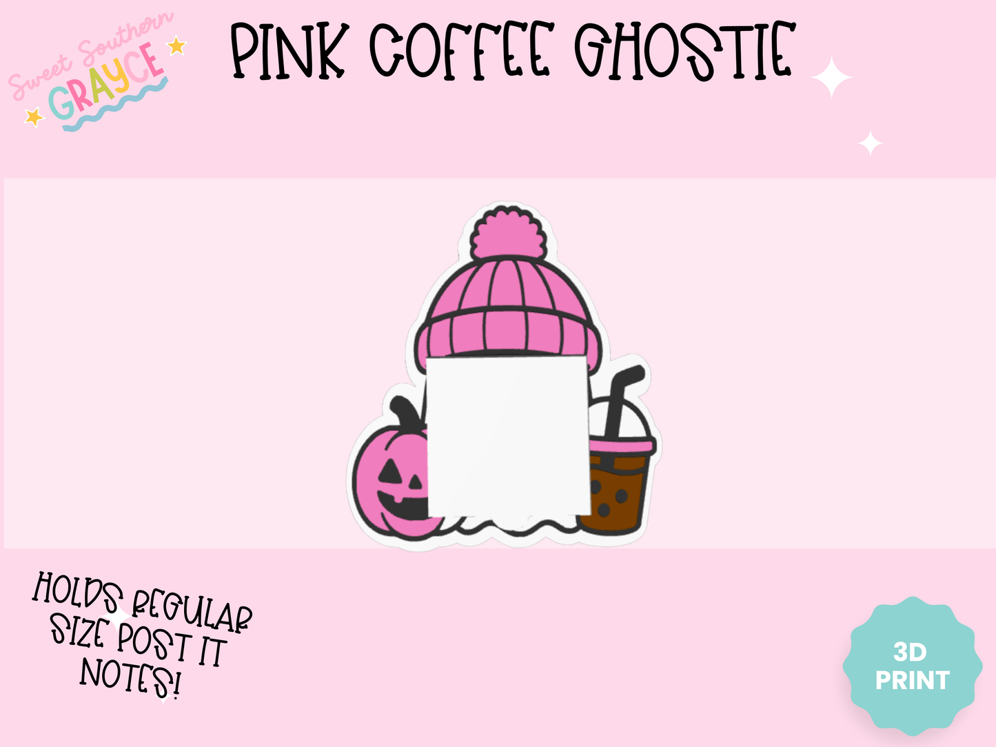 3D STICKY NOTE HOLDER- PINK COFFEE GHOSTIE