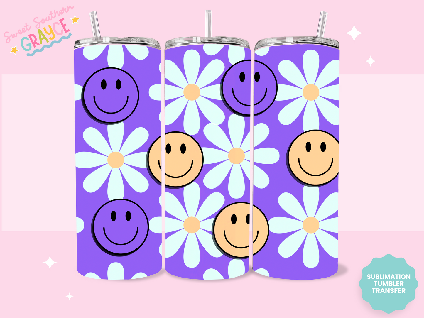 20oz SUBLIMATION TRANSFER - PURPLE SMILEY DAISIES