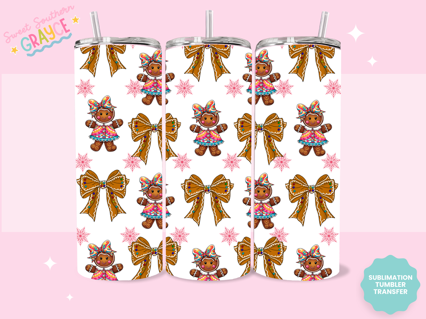 20oz SUBLIMATION TRANSFER - GINGERBREAD BOWS