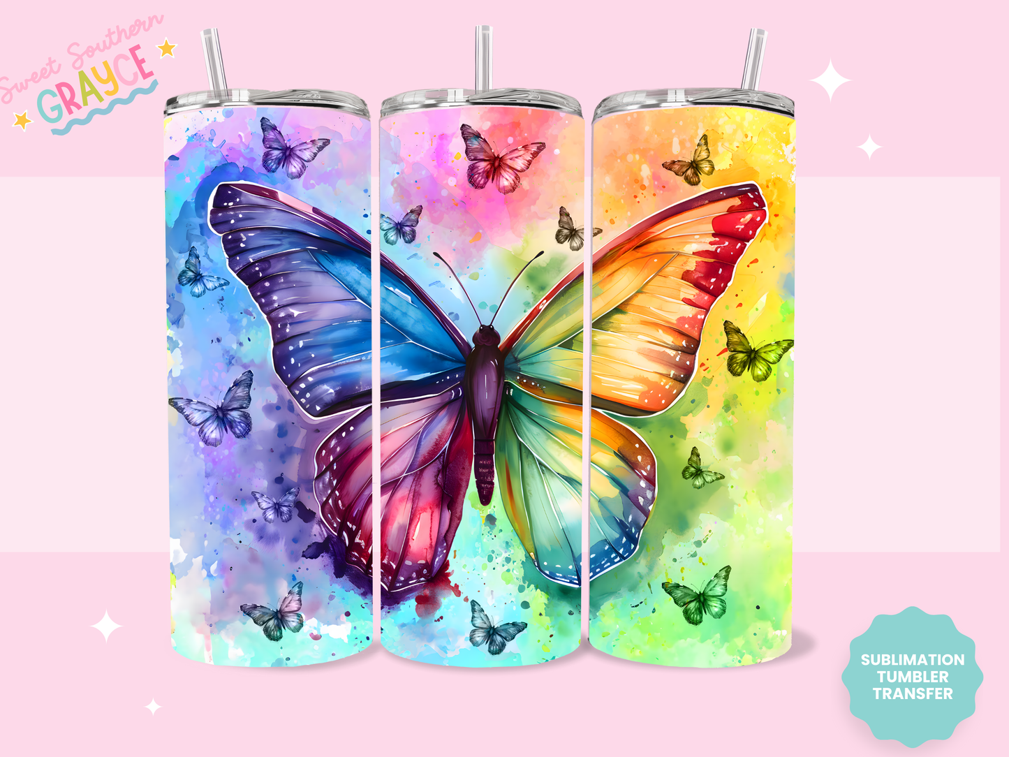 20oz SUBLIMATION TRANSFER - COLORFUL WATERCOLOR BUTTERFLY