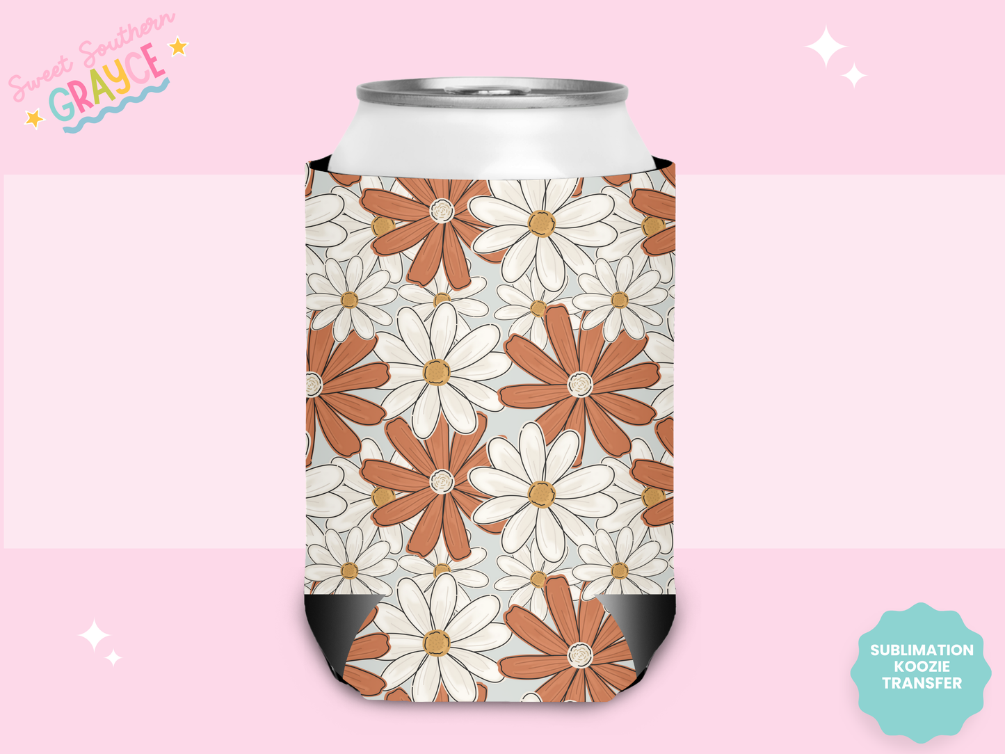 CAN KOOZIE SUB TRANSFER - RETRO WHITE AND ORANGE FLOWERS