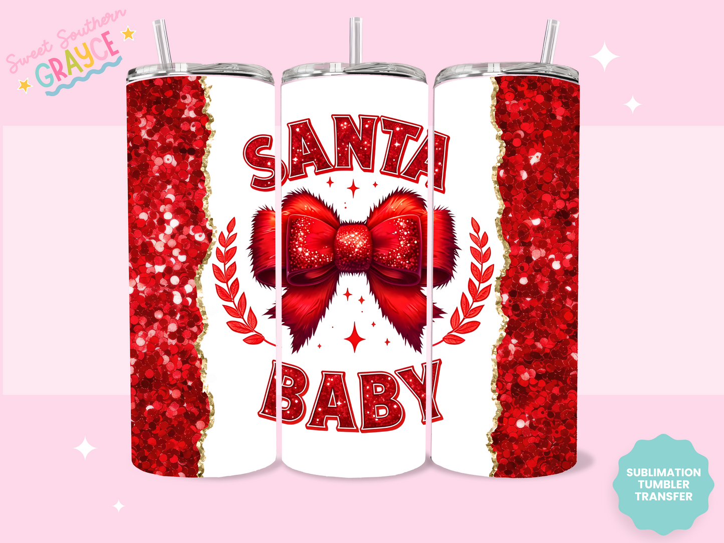 20oz SUBLIMATION TRANSFER - RED BOW SANTA BABY