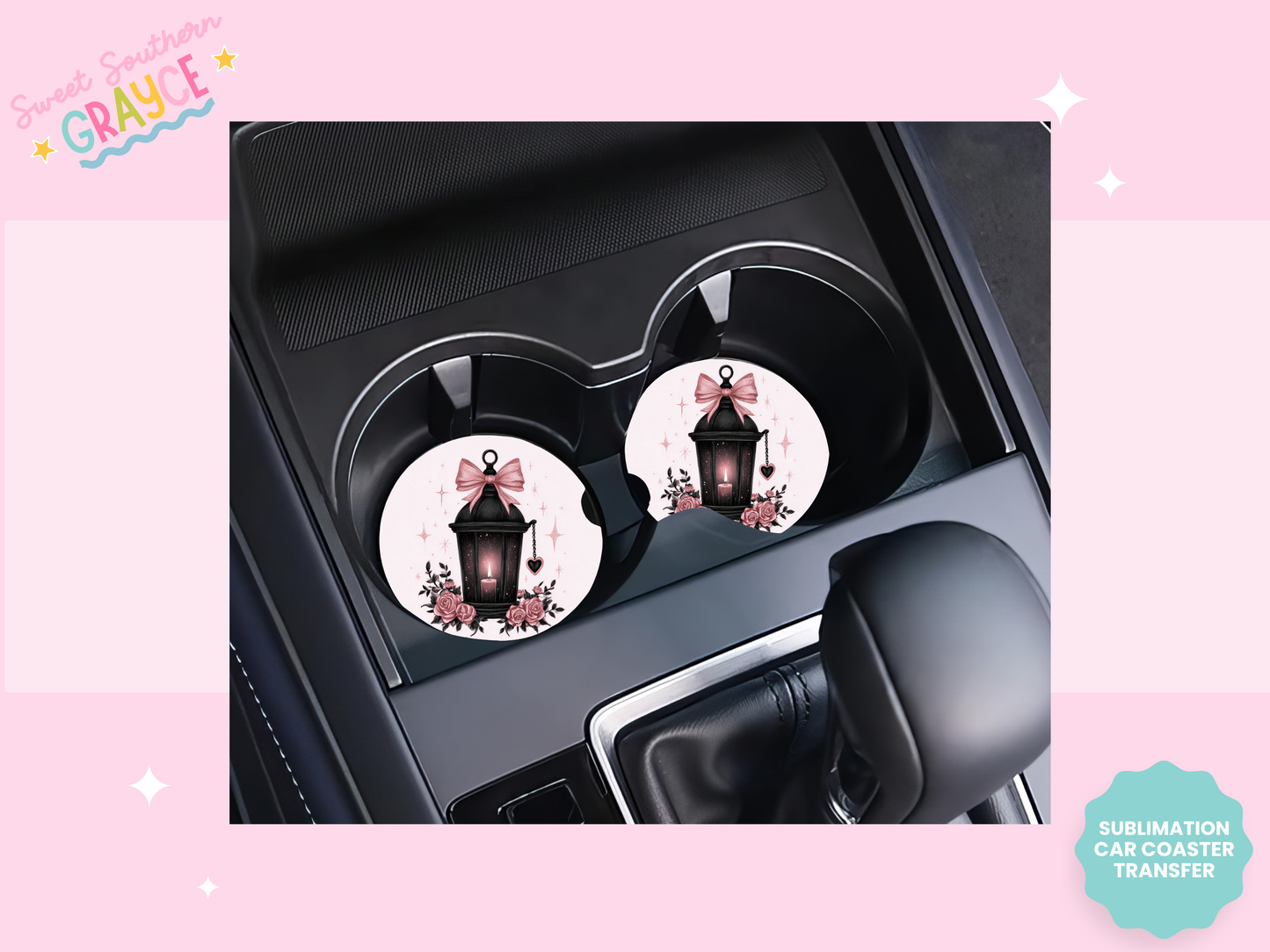 CAR COASTER SUBLIMATION TRANSFER - PINK BOW LANTURN