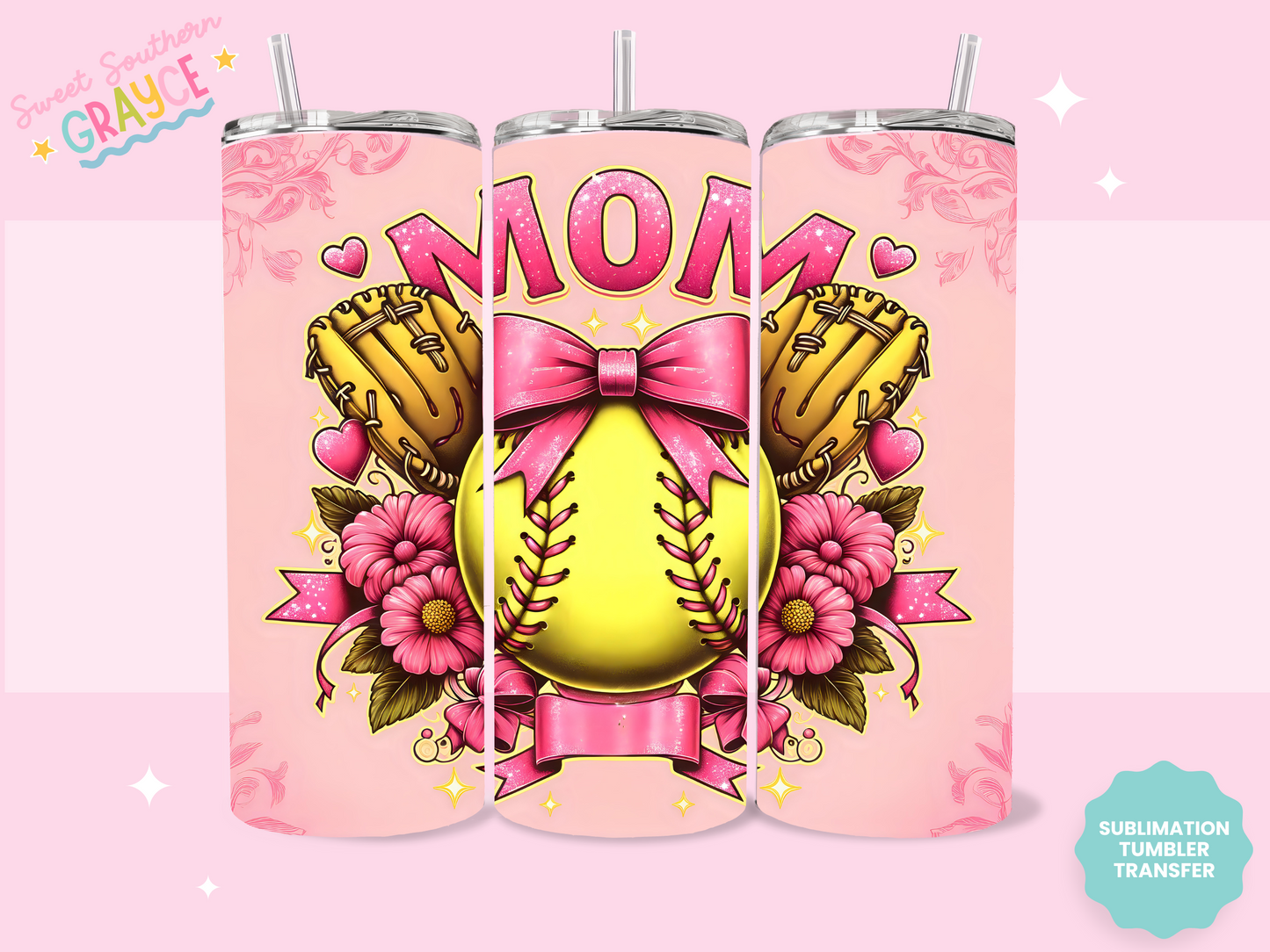 20oz SUBLIMATION TRANSFER - PINK BOW SOFTBALL MOM