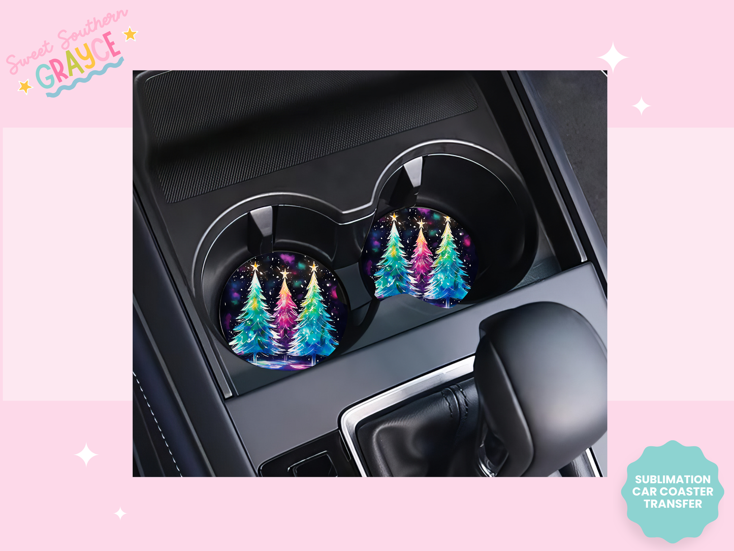 CAR COASTER SUBLIMATION TRANSFER - COLORFUL CHRISTMAS TREES