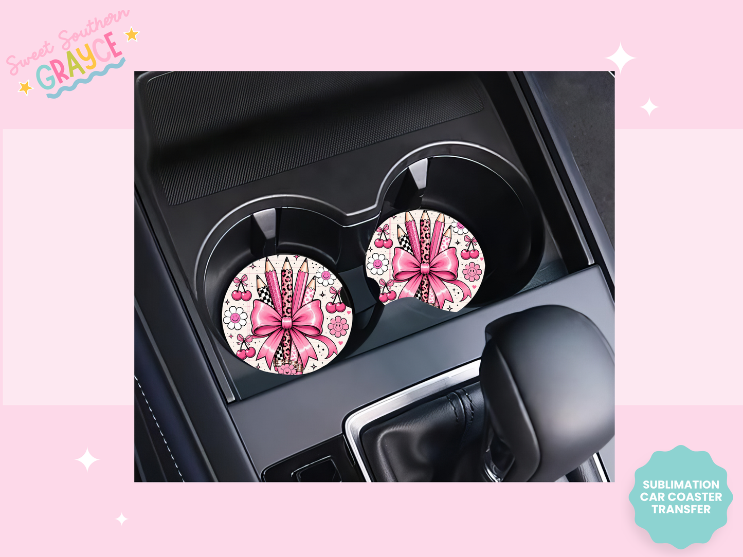 CAR COASTER SUBLIMATION TRANSFER - PINK PENCILS