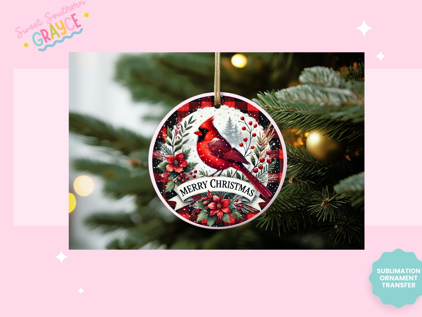 ORNAMENT SUBLIMATION TRANSFER - MERRY CHRISTMAS CARDINAL