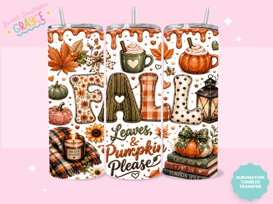 20oz SUBLIMATION TRANSFER- FALL, LEAVES, AND PUMPKIN PLEASE