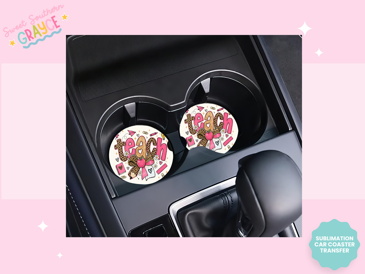 CAR COASTER SUBLIMATION TRANSFER - PINK CHEETAH TEACH