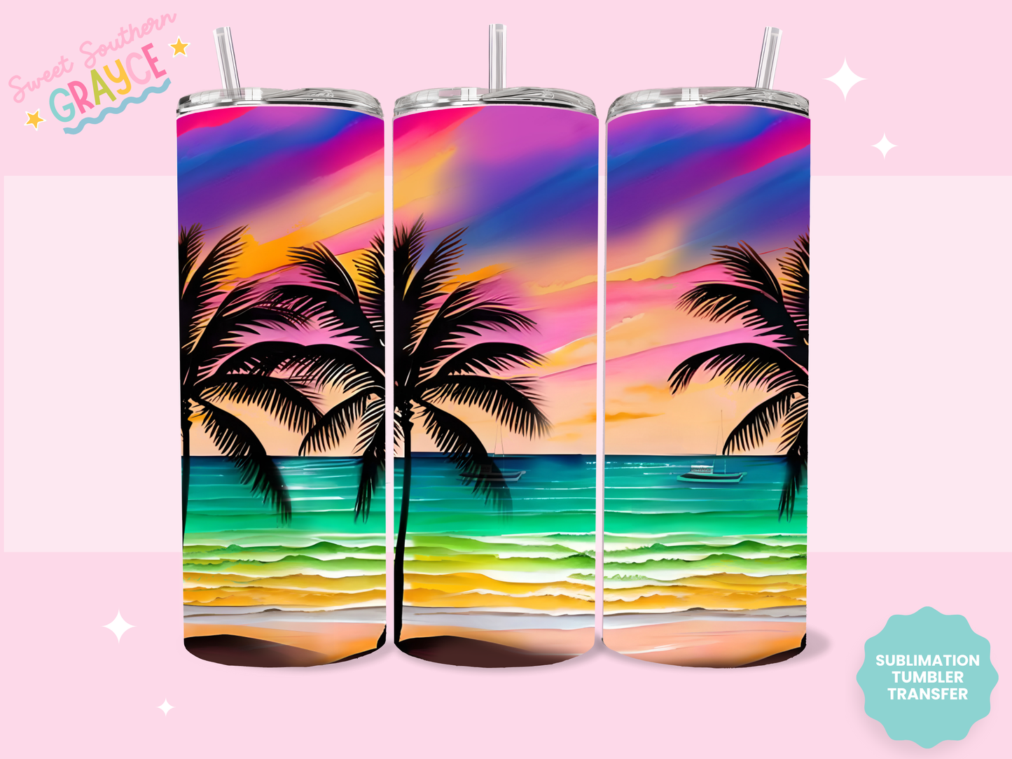 20oz SUBLIMATION TRANSFER - PALM TREES BEACH