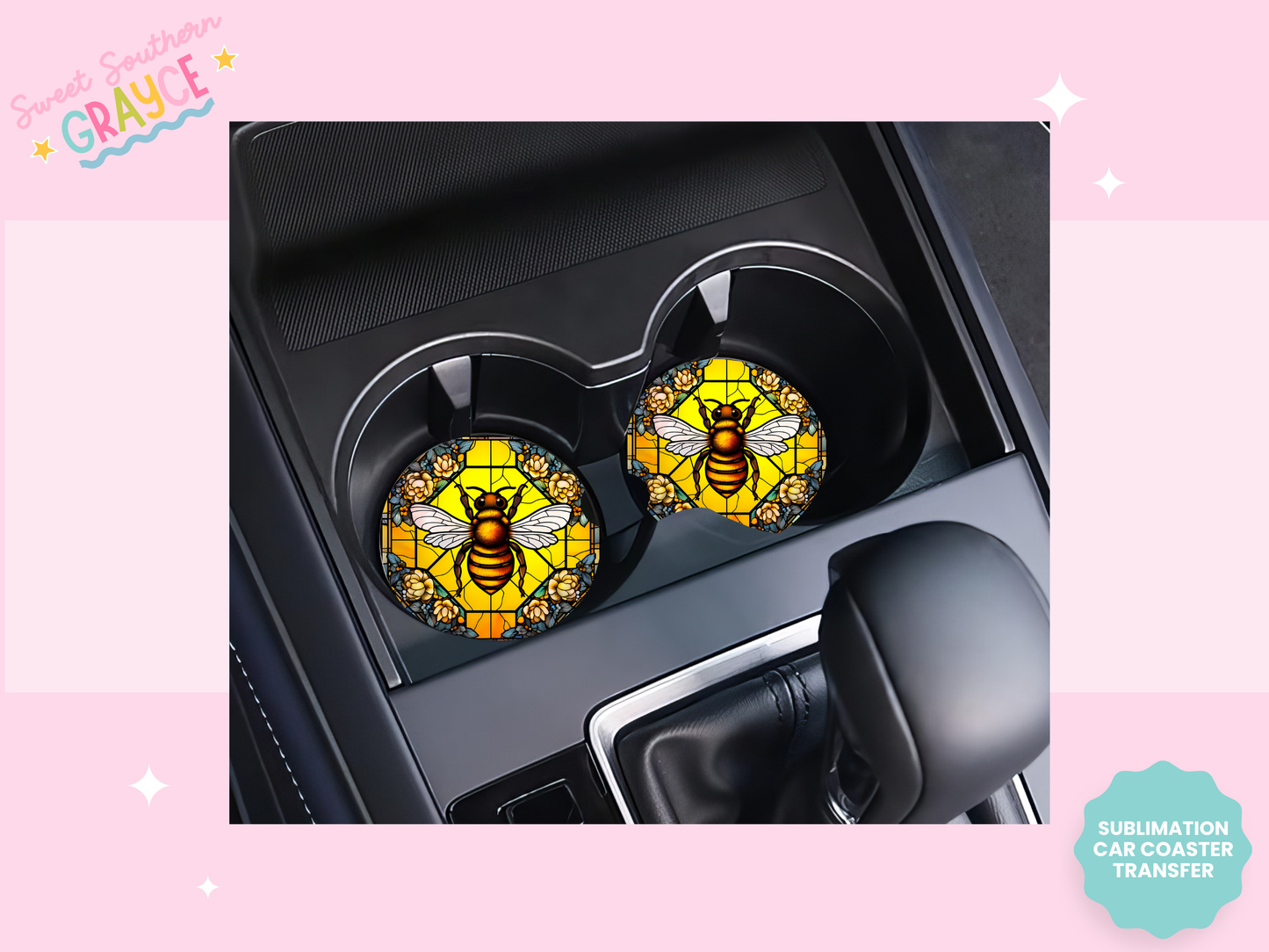 CAR COASTER SUBLIMATION TRANSFER - STAINED GLASS BEE