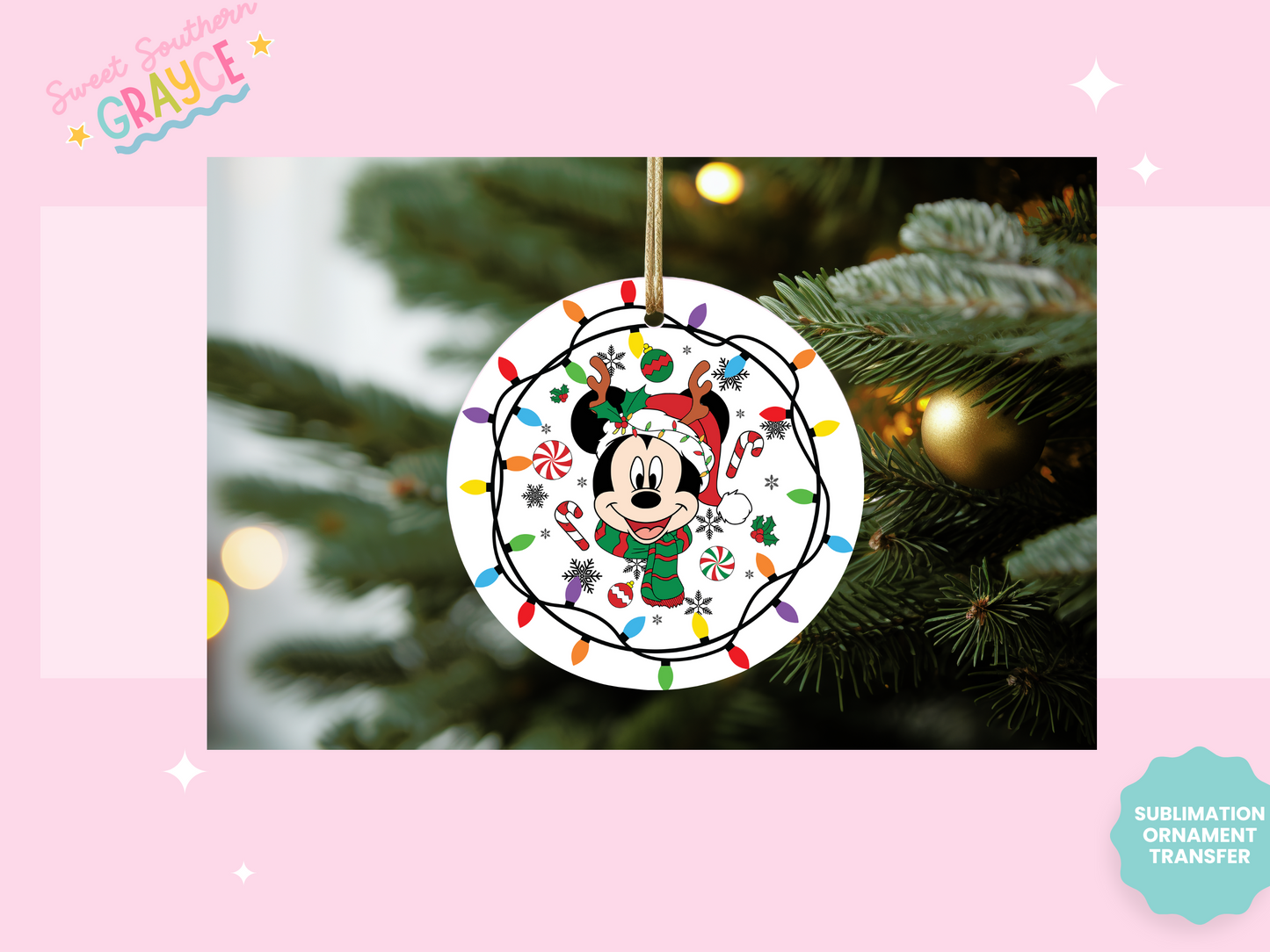 ORNAMENT SUBLIMATION TRANSFER - CHRISTMAS LIGHTS BOY MOUSE